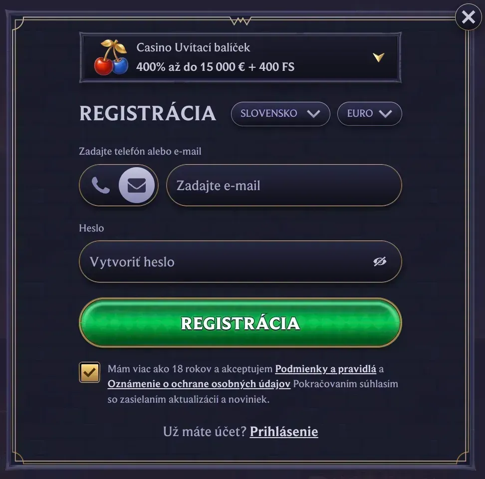 Registračný formulár v Lolajack casino